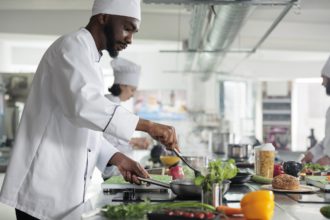 Food industry worker preparing meal in restaurant professional kitchen.