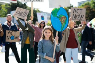 People with placards and posters on global strike for climate change